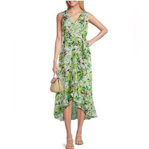 NWT Leslie Fay Sz 4  Tie Waist Ruffle Skirt Floral Print Chiffon Faux Wrap Dress